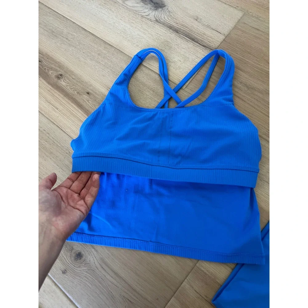 HeyNuts 2-Piece Blue Activewear Set- Built-In Bra Tank (L) & Leggings (M)